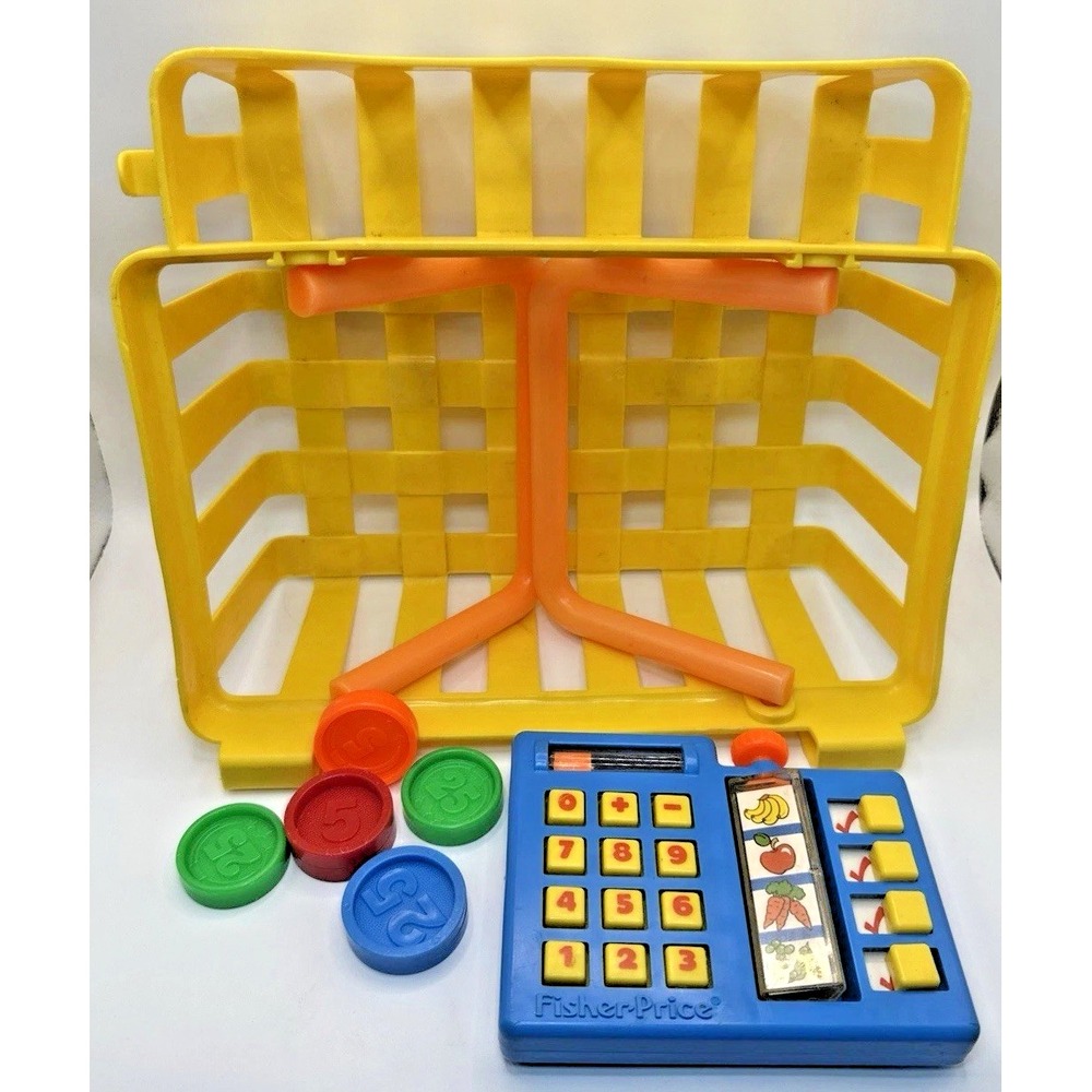 Vintage 1984 Fisher Price Fun With Food Shopping Basket Calculator Coins Lot